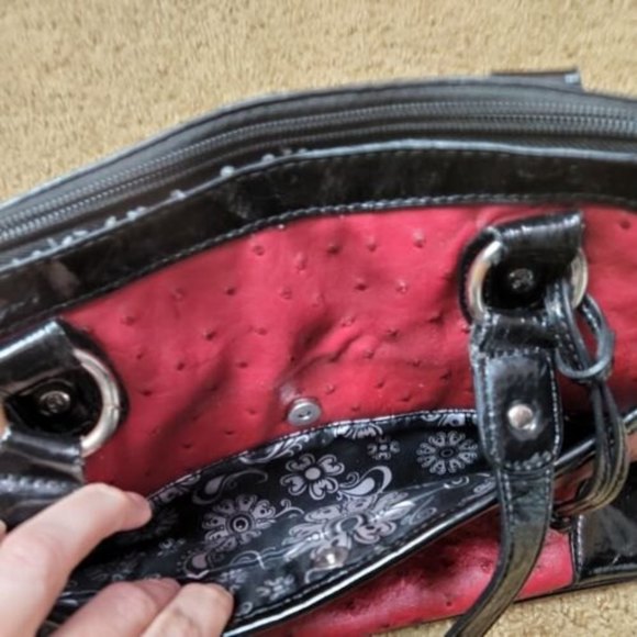 Grace Adele‎ Textured Handbag Purse red Black Faux Ostrich Lots of Pockets - Picture 3 of 12